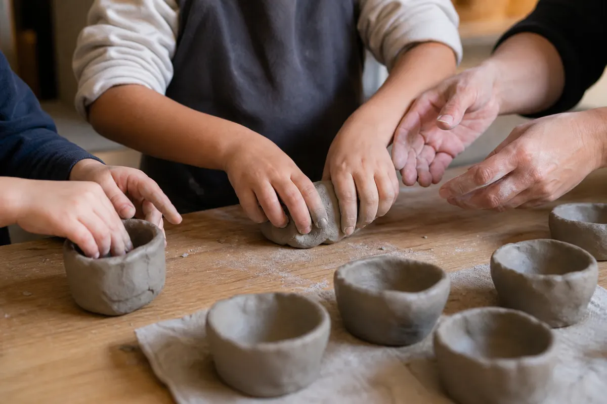 Child's hands shaping clay at a ceramics workshop