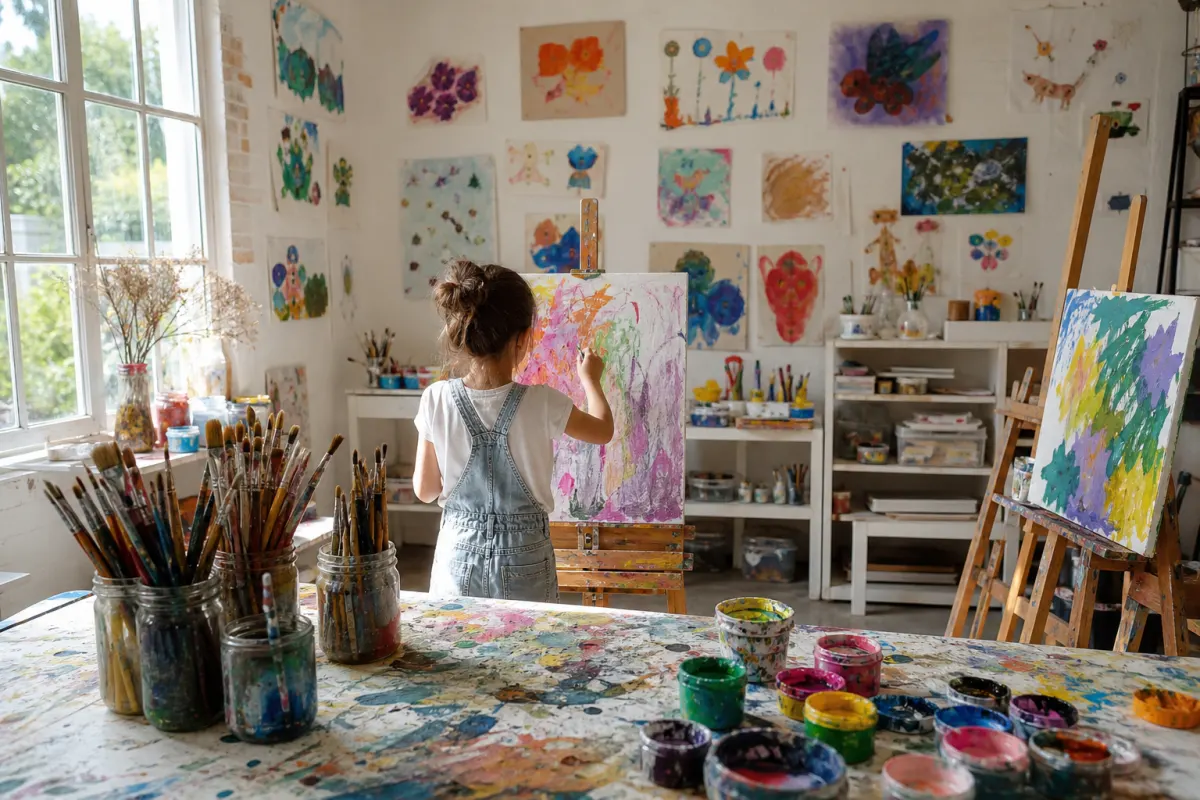 Children painting at easels in a bright art studio