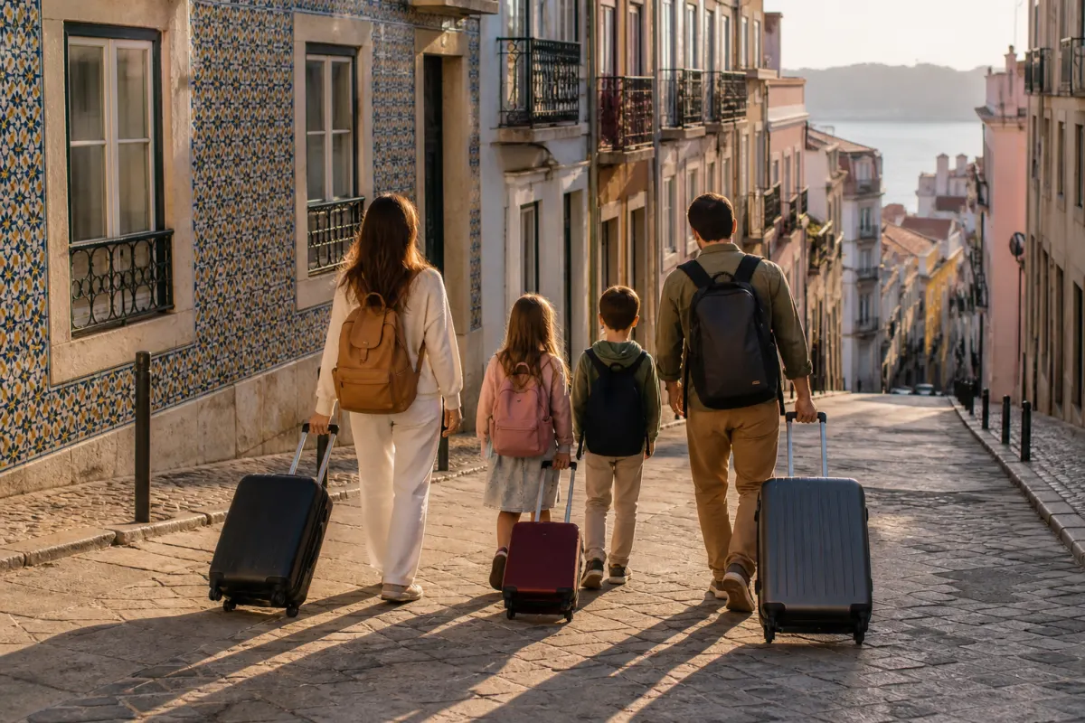 Family with suitcases arriving at a Lisbon apartment building