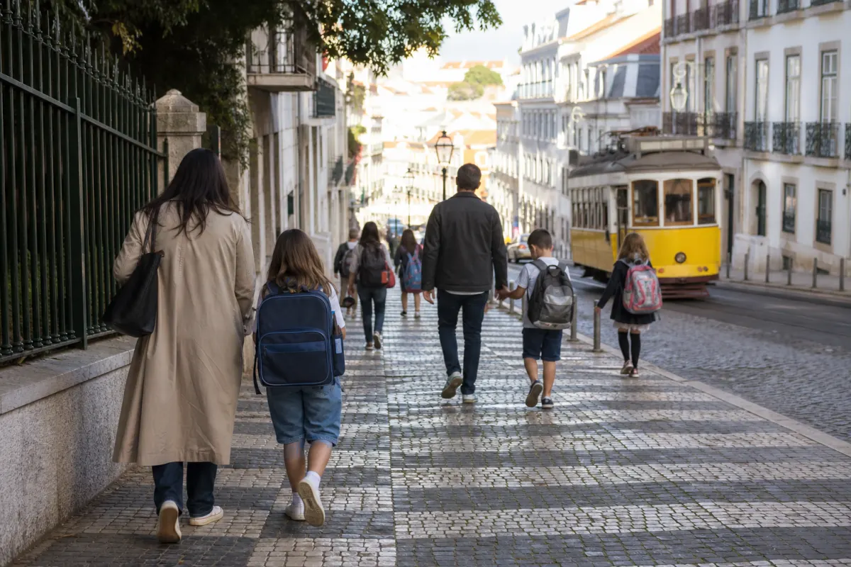 Parent walking a child to school along a Lisbon street