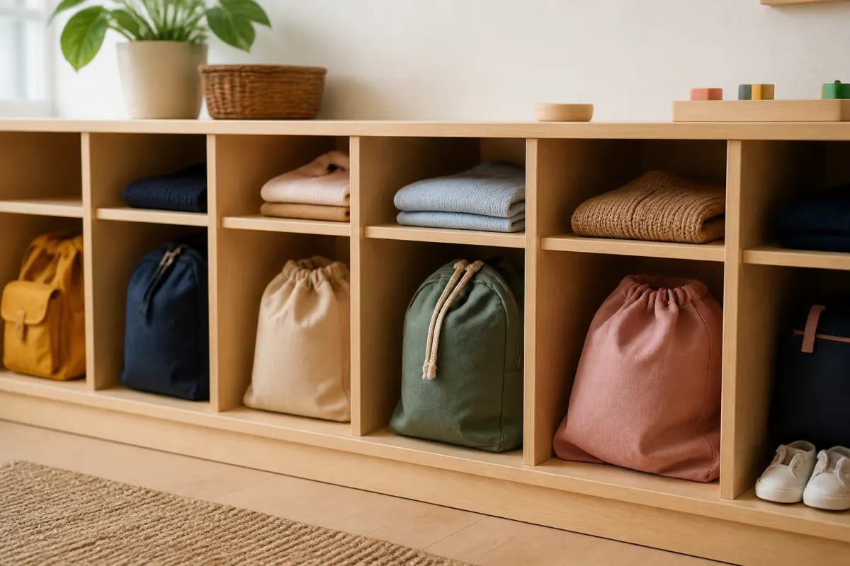 Cubby shelves with children's bags and shoes