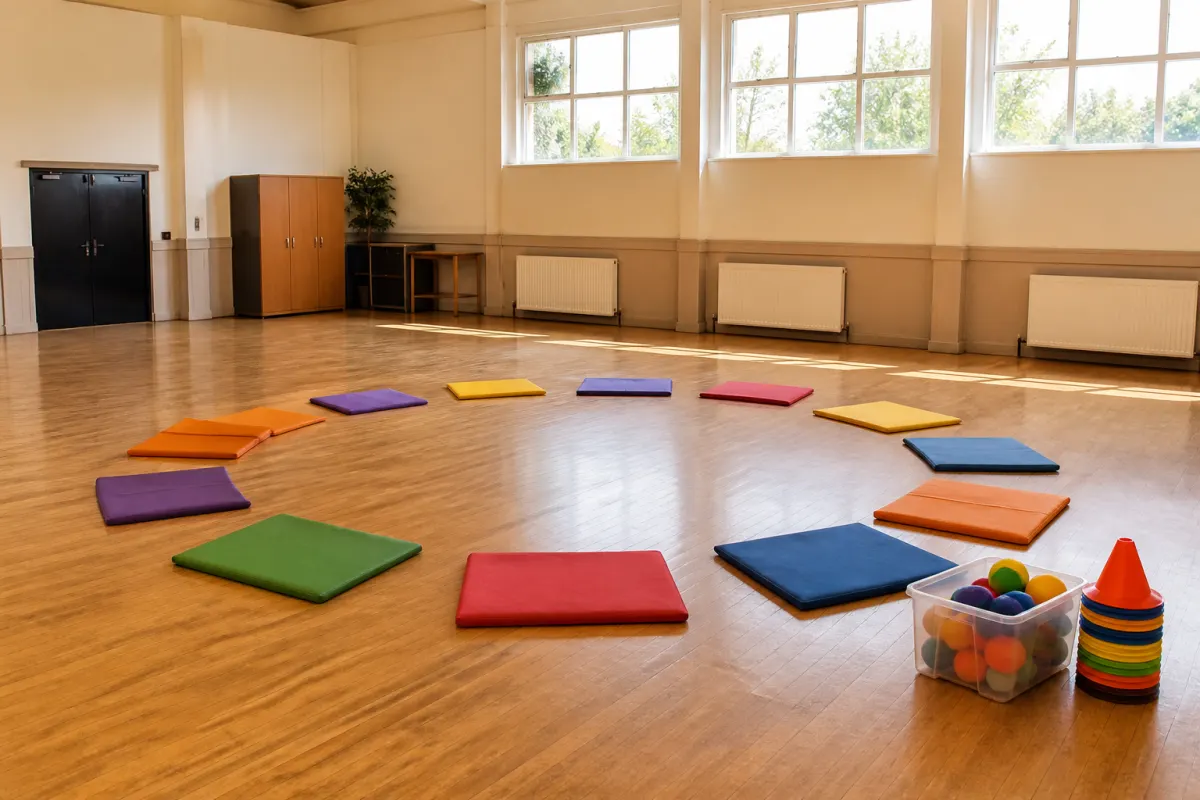 Bright empty activity hall set up before class