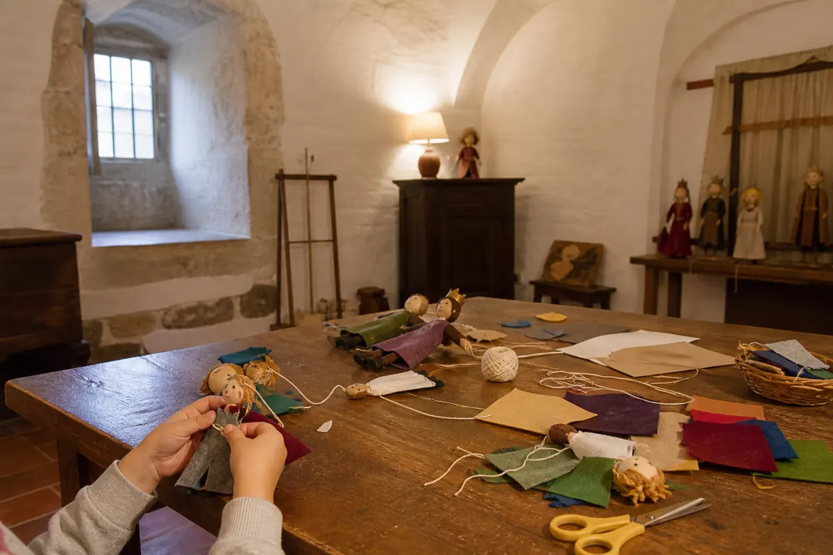 Child exploring puppets at a museum workshop