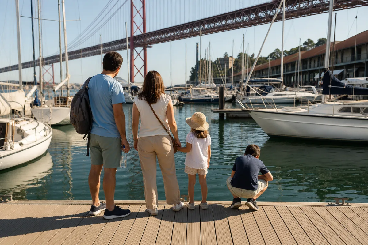 Family with sun hats and a small backpack waiting to board at Doca de Santo Amaro marina in Lisbon